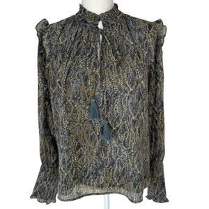 BTFL-Life Blouse Womens M Gray Beige Boho Animal Print Ruffle Metallic Threads